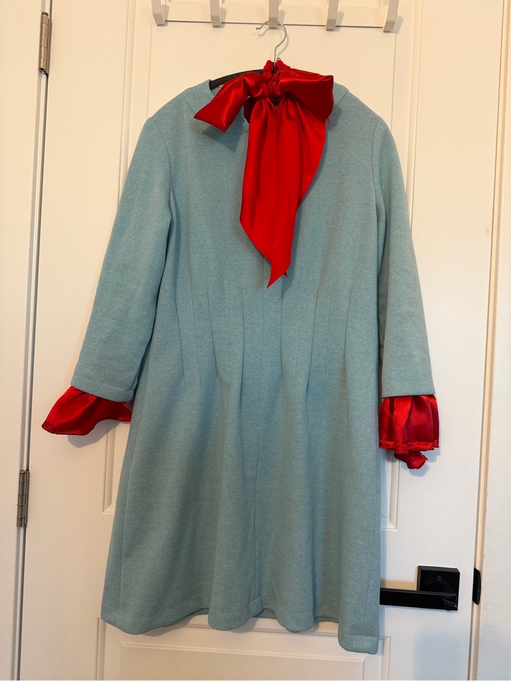 Upcycled Bruno Mars Lady Gaga Light Blue Costume Dress with Red Satin Bow/Cuffs